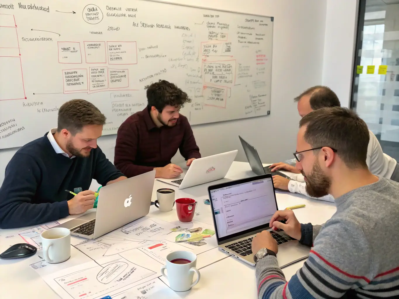 A product manager collaborating with a development team in a bright, open workspace, symbolizing Thryvrr's focus on product management professionals.