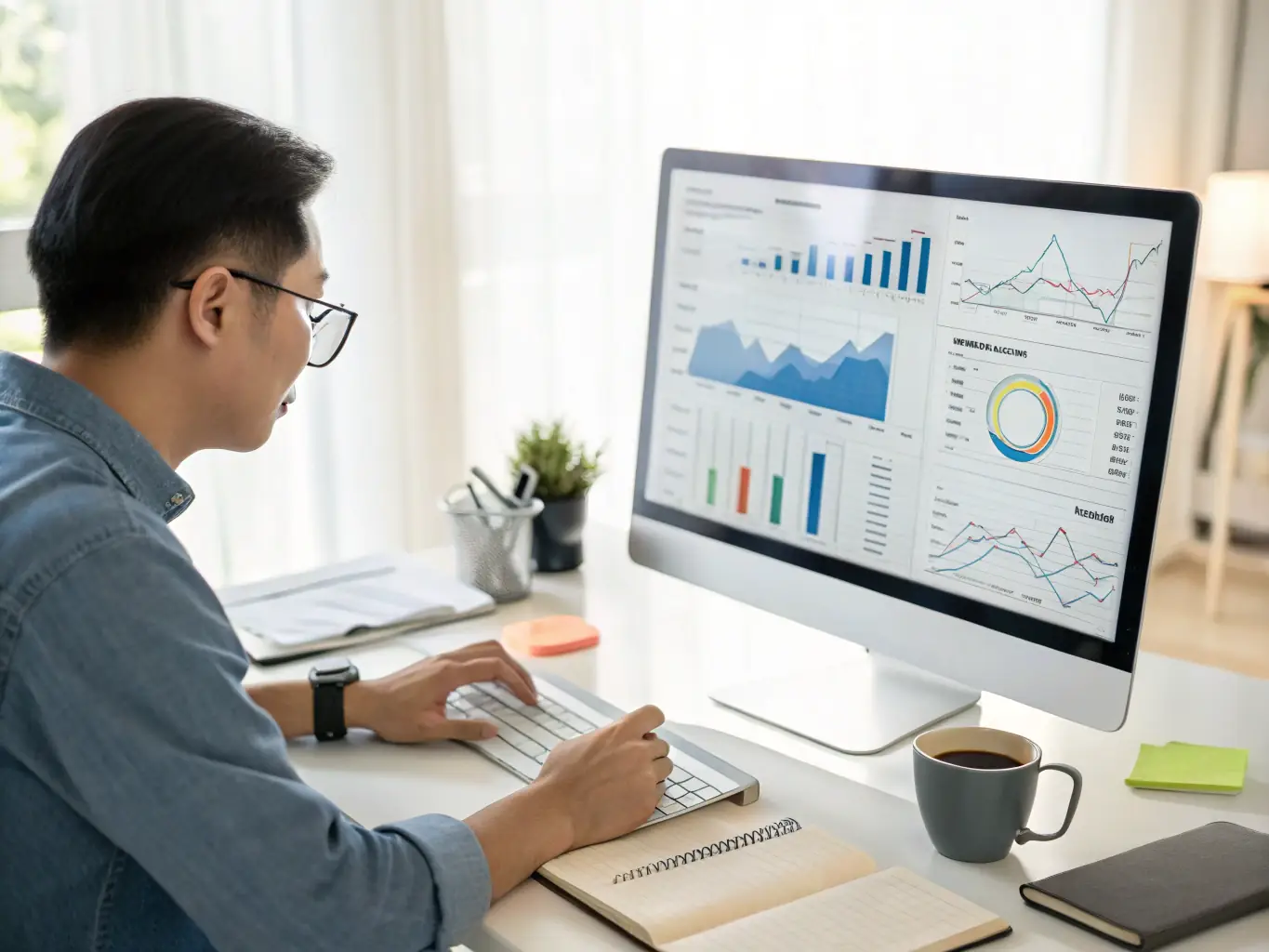 A professional in a modern office setting, deeply engaged in analyzing marketing data on a computer screen, reflecting Thryvrr's support for the marketing industry.