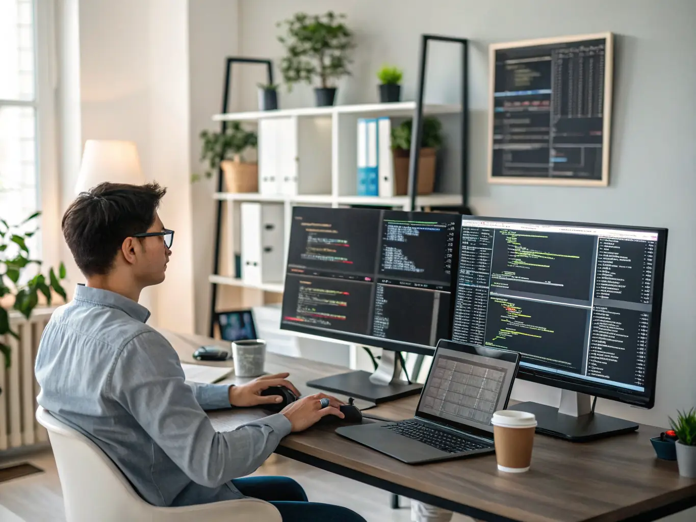 A software engineer coding at a desk, surrounded by multiple monitors displaying complex code, representing Thryvrr's support for the software engineering industry.